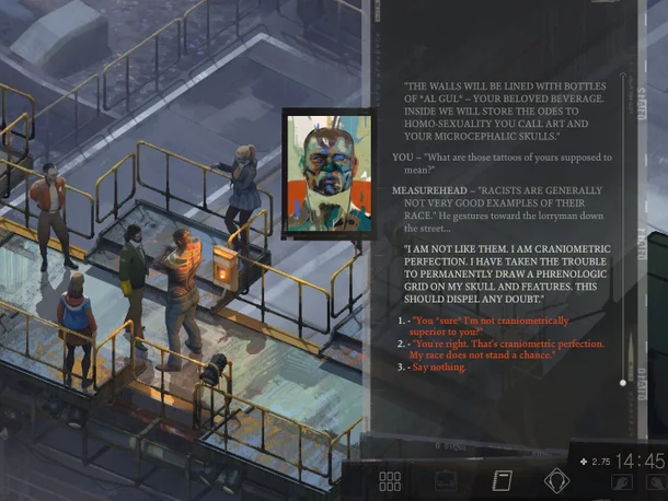 An in-game screenshot from Disco Elysium featuring part of the player’s interaction with Measurehead.